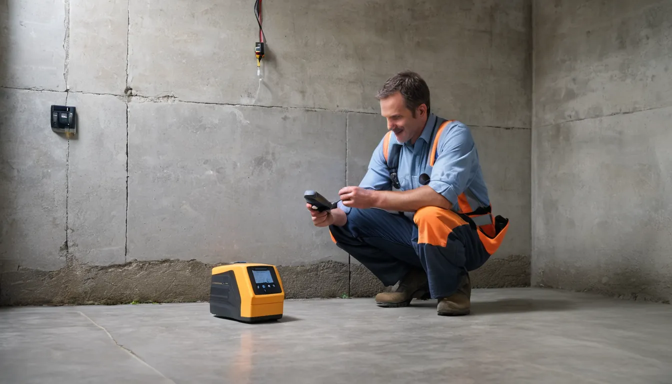 Provider checking an older concrete basement floor before coating in Chester